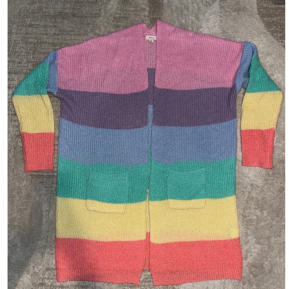 Debut Rainbow Striped Open Front Cardigan Sweater Pastel Multi Color M/L C8961